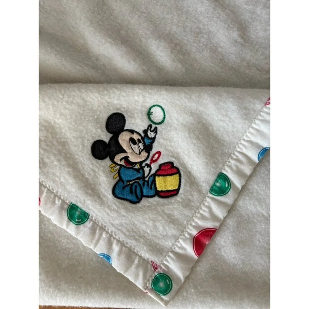 Vintage Disney Babies Mickey Mouse Embroidered White Fleece Blanket 35x45